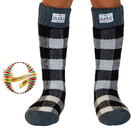 Pudus Kids Warm Boot Socks (Ages 4-7), Tall Winter Socks for Boys and Girls (Perfect Thermal Socks for Rain Boots, Snow Shoes and Hiking Boots) Boot Sock Lumberjack White Kid Tall
