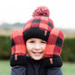 Pudus Kids Beanie Hat with Pom Pom, Sherpa-Lined Winter Knit Hats for Boys Girls Lumberjack Red with Pom Pom - Hat Kids