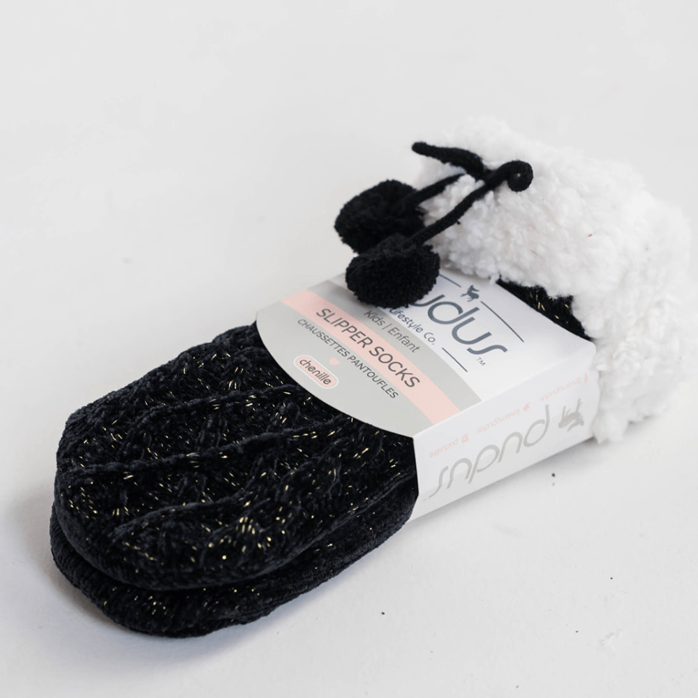 Chenille Knit Holiday Black - Kids Recycled Slipper Socks