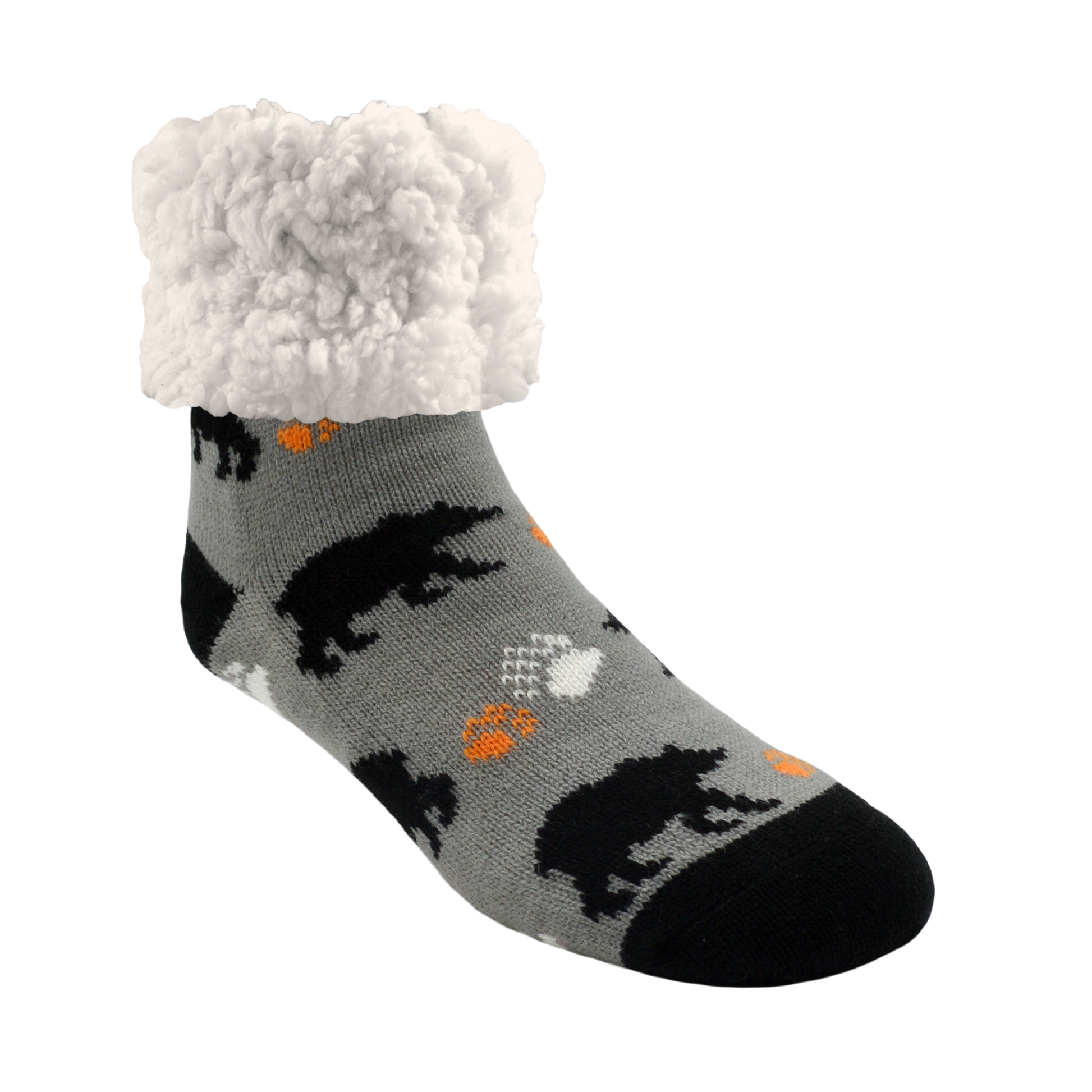 Pudus Cozy Winter Slipper Socks for Women and Men with Non-Slip Grippers and Faux Fur Sherpa Fleece - Adult Regular Fuzzy Socks Black Bear - Classic Slipper Sock