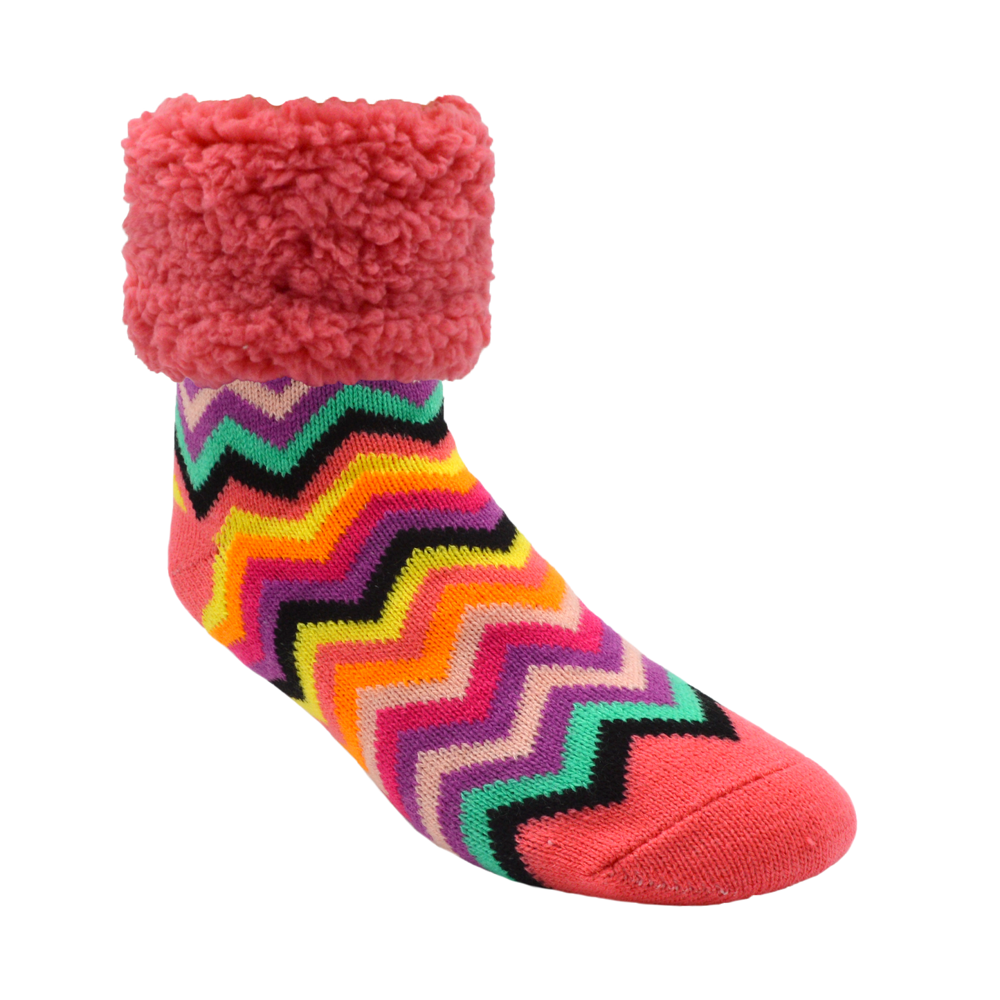 Pudus Cozy Winter Slipper Socks for Women and Men with Non-Slip Grippers and Faux Fur Sherpa Fleece - Adult Regular Fuzzy Socks Bright Coral Chevron Classic Slipper Sock