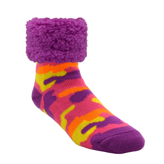 Pudus Cozy Winter Slipper Socks for Women and Men with Non-Slip Grippers and Faux Fur Sherpa Fleece - Adult Regular Fuzzy Socks Bright Camo Purple- Classic Slipper Sock