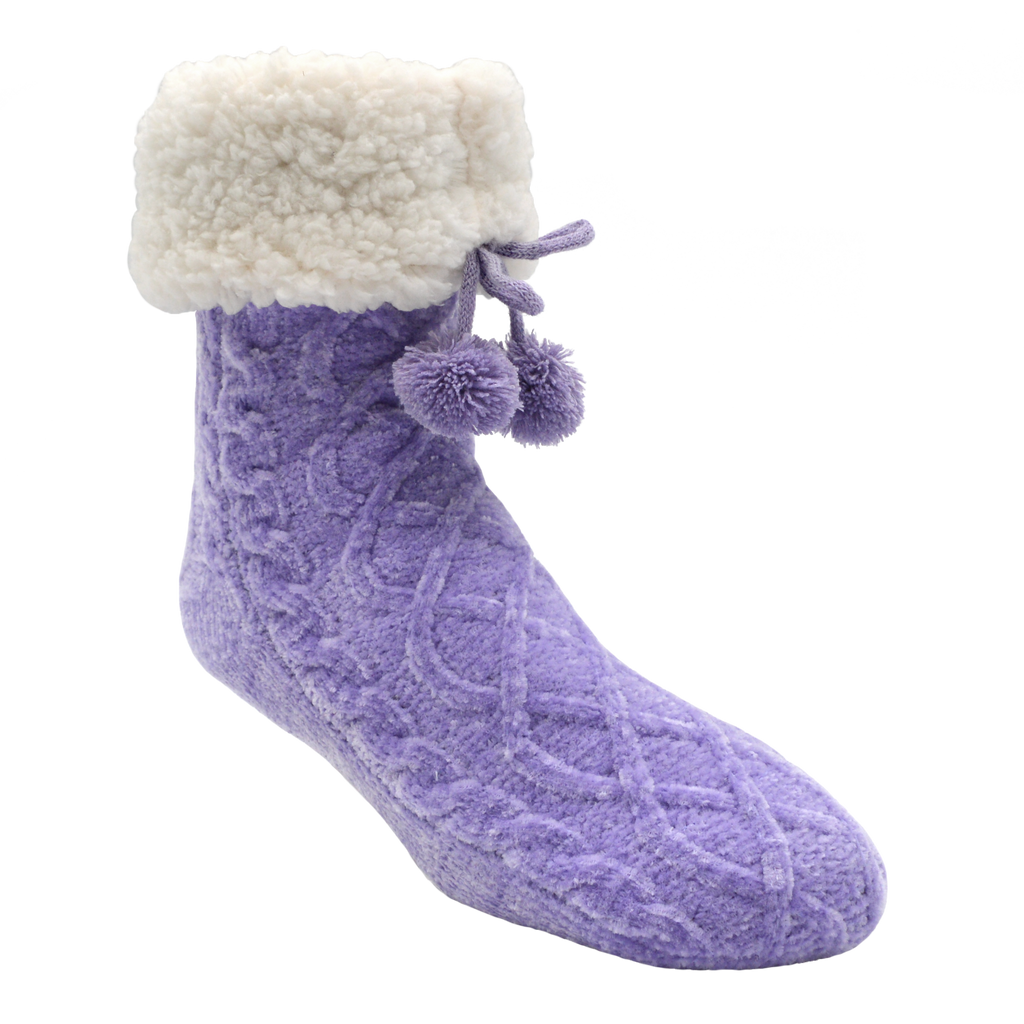 Pudus Winter Cable Knit Slipper Socks for Women and Men with Non-Slip Grippers and Faux Fur Sherpa Fleece Lining - Adult Regular Fuzzy Socks Cable Knit Lavender- Classic Slipper Sock