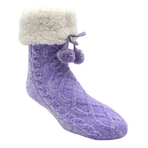 Pudus Winter Cable Knit Slipper Socks for Women and Men with Non-Slip Grippers and Faux Fur Sherpa Fleece Lining - Adult Regular Fuzzy Socks Cable Knit Lavender- Classic Slipper Sock