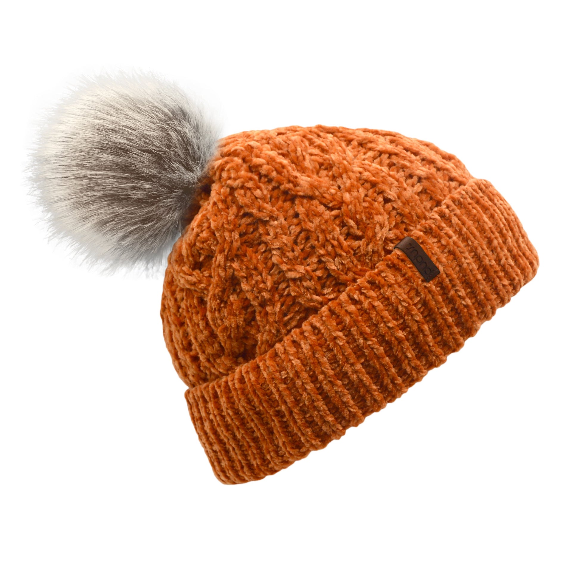 Pudus Women's Winter Beanie Hat in Peach Caramel with Faux Fur Pom Pom - Cable Knitted Chenille and Fleece Lined