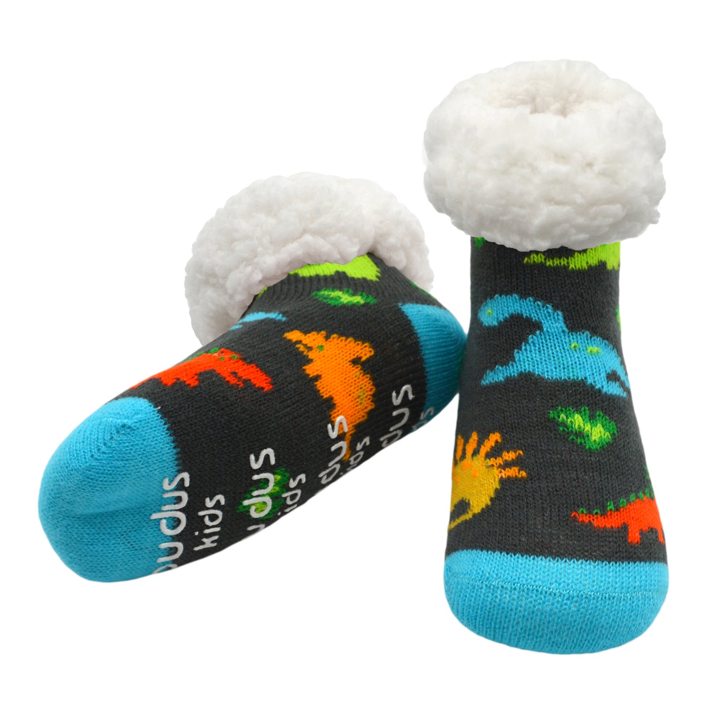 Pudus Cozy Winter Slipper Socks for Kids in Dinosaur Multi with Non-Slip Grippers and Faux Fur Sherpa Fleece - Boy and Girl Fuzzy Socks (Ages 4-7)
