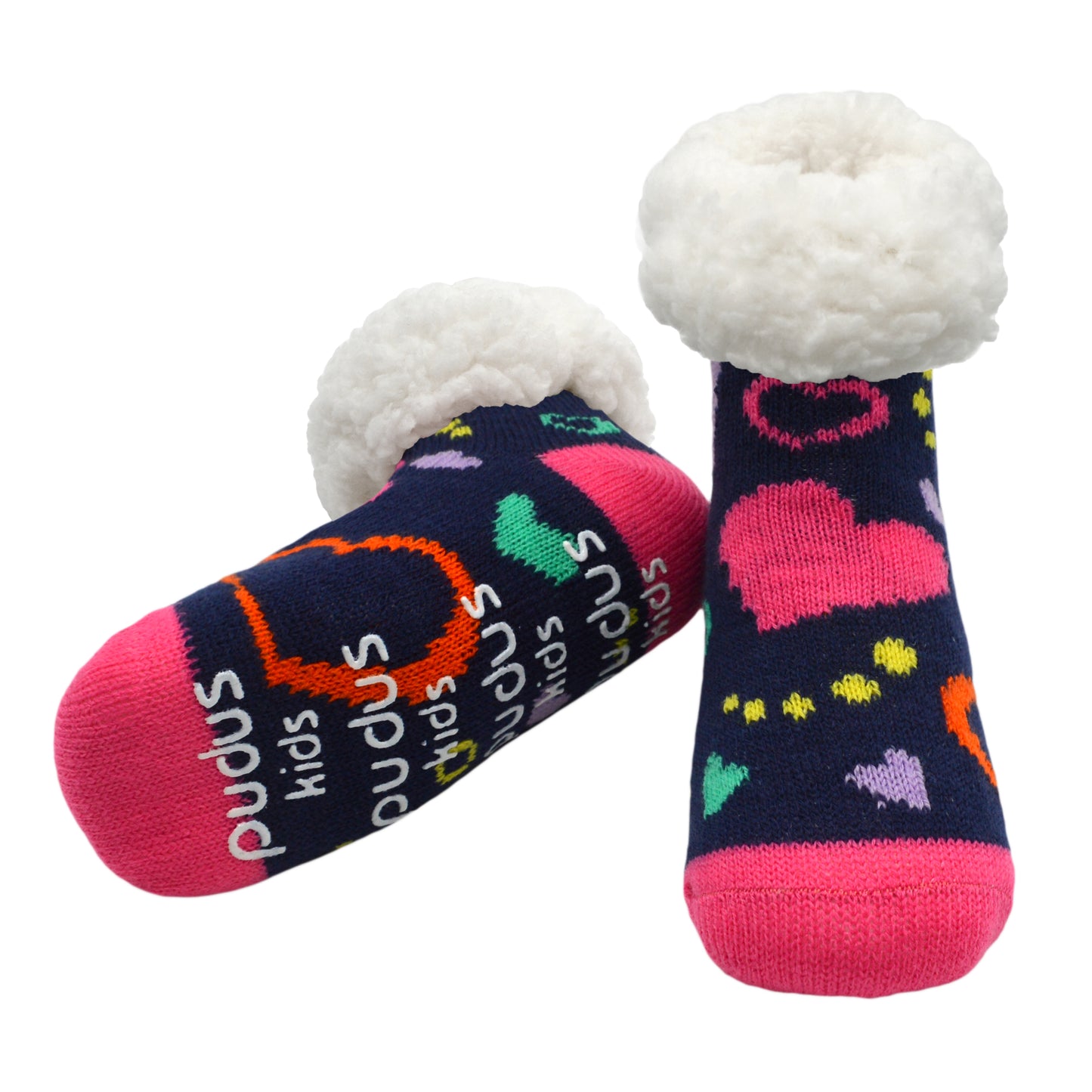 Pudus Cozy Winter Slipper Socks for Kids in Heart Navy with Non-Slip Grippers and Faux Fur Sherpa Fleece - Boy and Girl Fuzzy Socks (Ages 4-7)