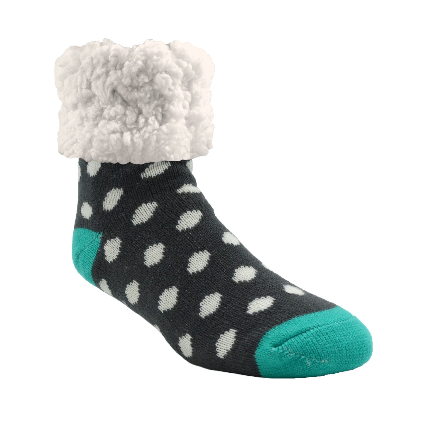 Pudus Cozy Winter Slipper Socks for Women and Men with Non-Slip Grippers and Faux Fur Sherpa Fleece - Adult Regular Fuzzy Socks Polka Dot Grey - Classic Slipper Sock