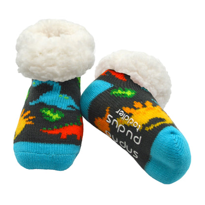 Dinosaur Multi Toddler Slipper Socks with Faux Fur Sherpa Fleece and Non-Slip Grippers - Baby Boy and Girl Fuzzy Socks (Ages 1-3)
