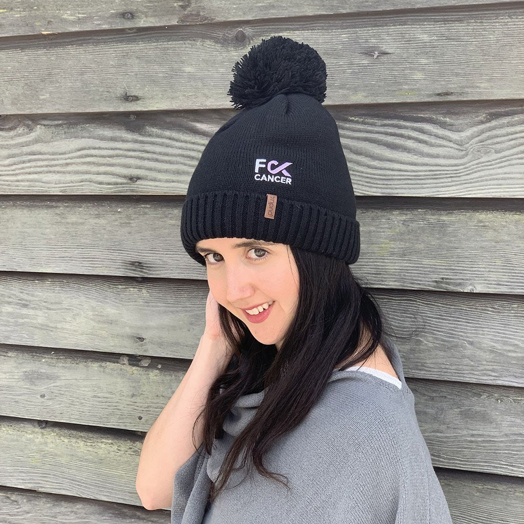 Pudus x F Cancer Unisex Winter Beanie Hat in Black - Fluffy Pom Pom & Warm Fleece Lined Cancer Awareness Chemo Hats