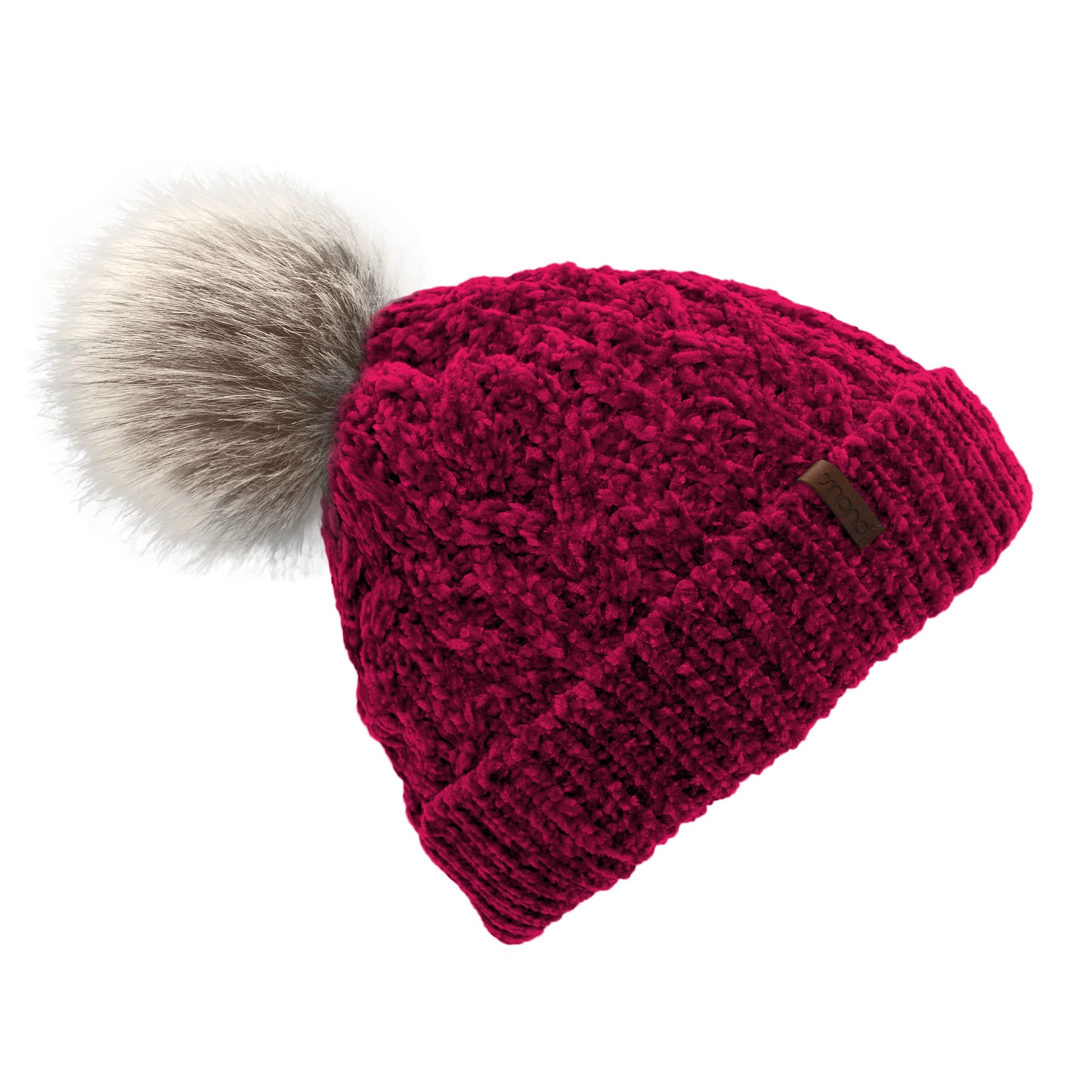 Pudus Women's Winter Beanie Hat with Faux Fur Pom Pom - Cable Knitted Chenille and Fleece Lined Slouchy Beanie Raspberry Chenille Cable Knit - Beanie Hat Adult
