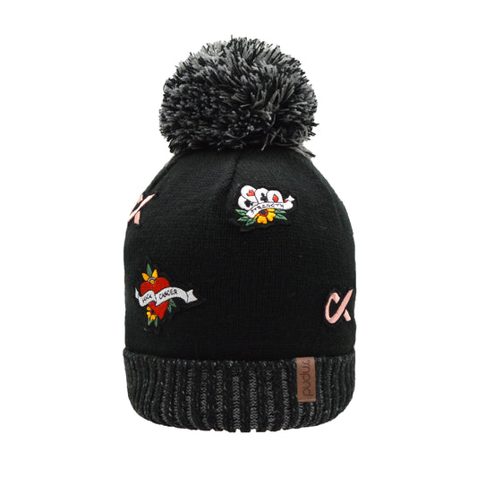 Pudus x F Cancer Unisex Winter Beanie Hat in Multi Patch - Fluffy Pom Pom & Warm Fleece Lined Cancer Awareness Chemo Hats