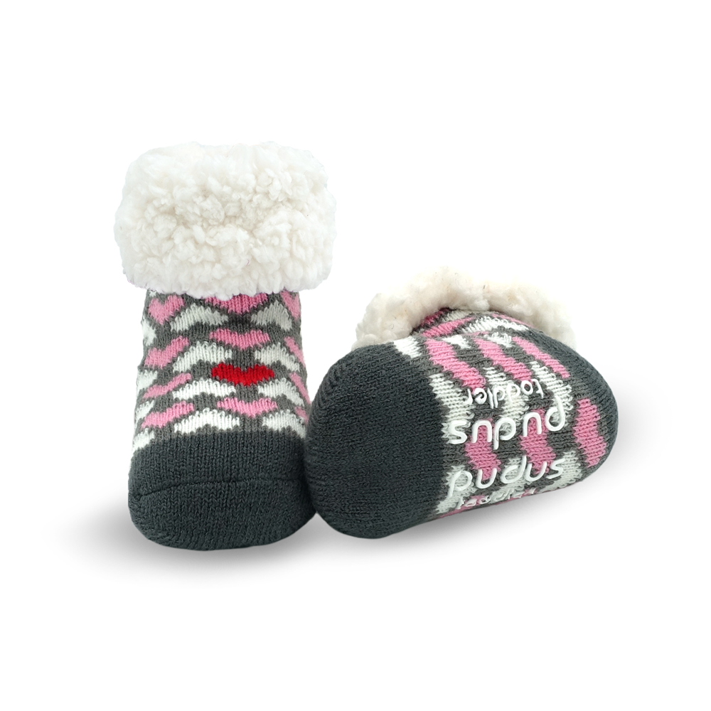 Pudus Cozy Winter Slipper Socks for Toddlers with Non-Slip Grippers and Faux Fur Sherpa Fleece - Baby Boy and Girl Fuzzy Socks (Ages 1-3) Be My Valentine - Toddler Classic Slipper Sock
