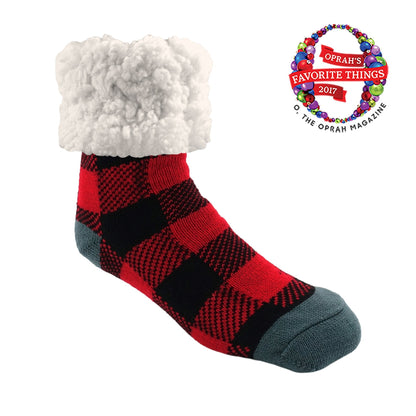 Pudus Cozy Winter Slipper Socks for Women and Men with Non-Slip Grippers and Faux Fur Sherpa Fleece - Adult Regular Fuzzy Socks Lumberjack Red - Classic Slipper Sock