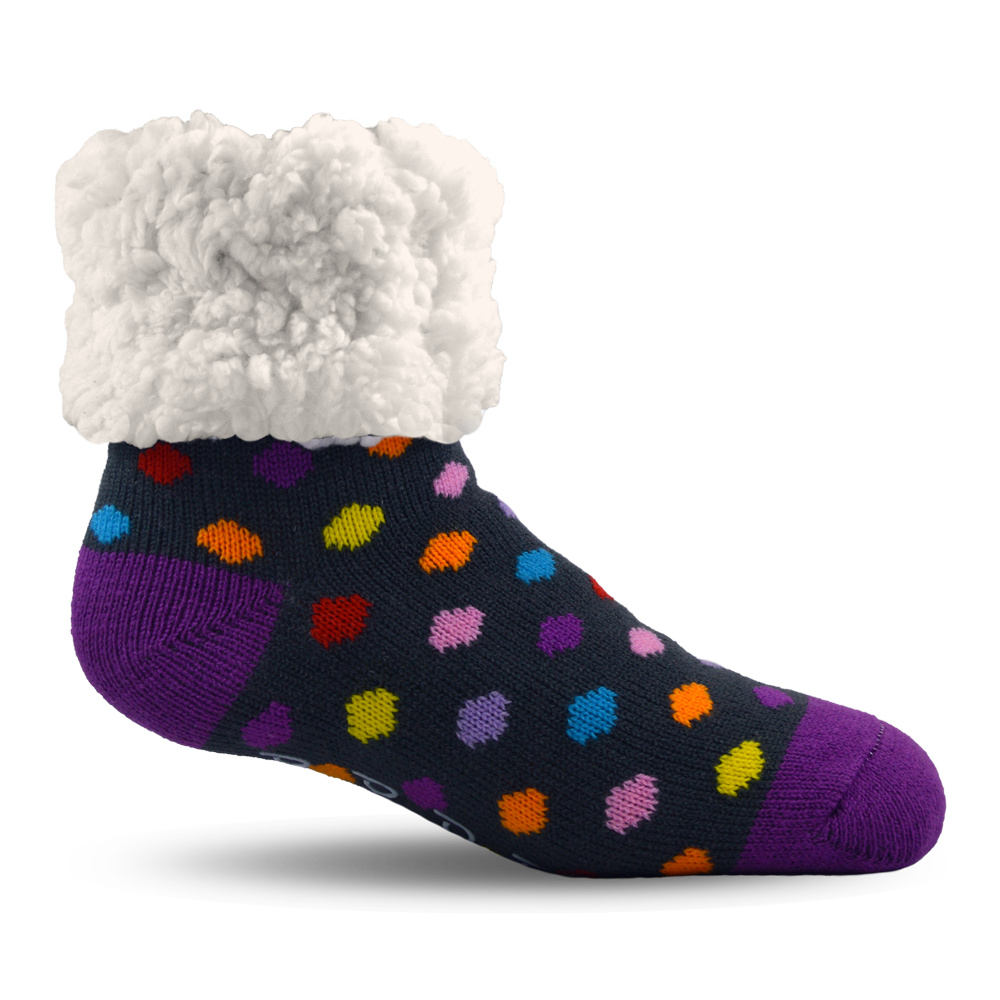 Pudus Cozy Winter Slipper Socks for Kids with Non-Slip Grippers and Faux Fur Sherpa Fleece - Boy and Girl Fuzzy Socks (Ages 4-7) Polka Dot Party - Kids Slipper Socks