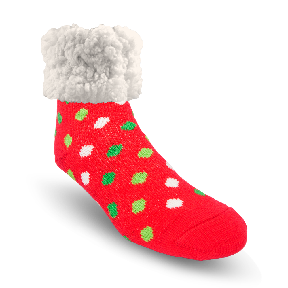 Pudus Cozy Winter Slipper Socks for Women and Men with Non-Slip Grippers and Faux Fur Sherpa Fleece - Adult Regular Fuzzy Red Polka Dot - Classic Slipper Sock