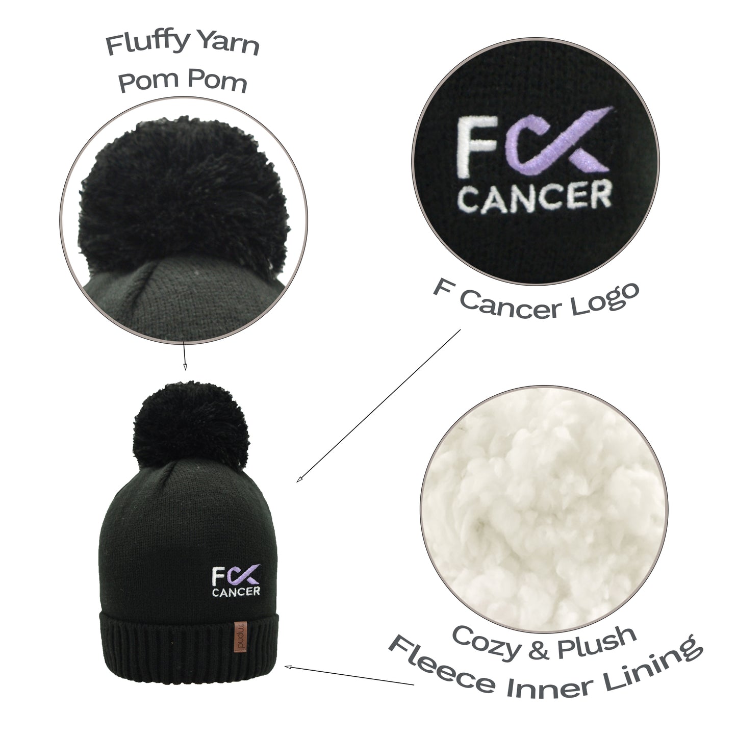 Pudus x F Cancer Unisex Winter Beanie Hat in Black - Fluffy Pom Pom & Warm Fleece Lined Cancer Awareness Chemo Hats
