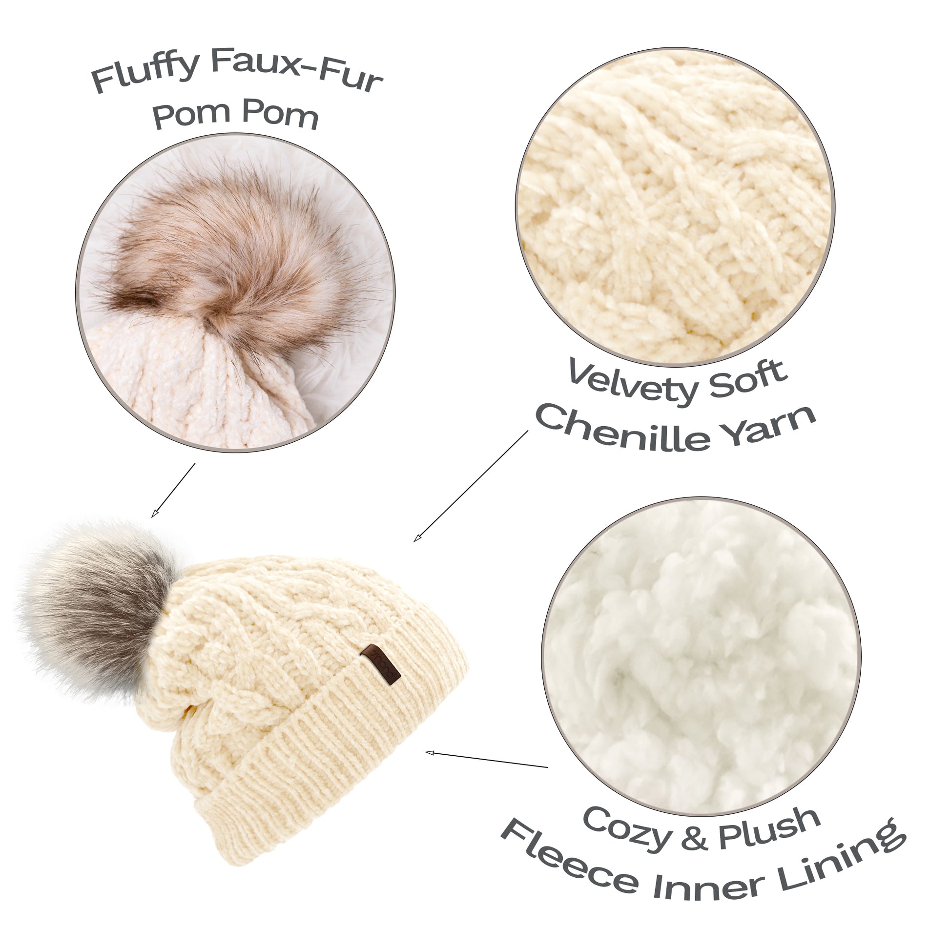 Pudus Women's Winter Beanie Hat in White with Faux Fur Pom Pom - Cable Knit Chenille and Fleece Lined