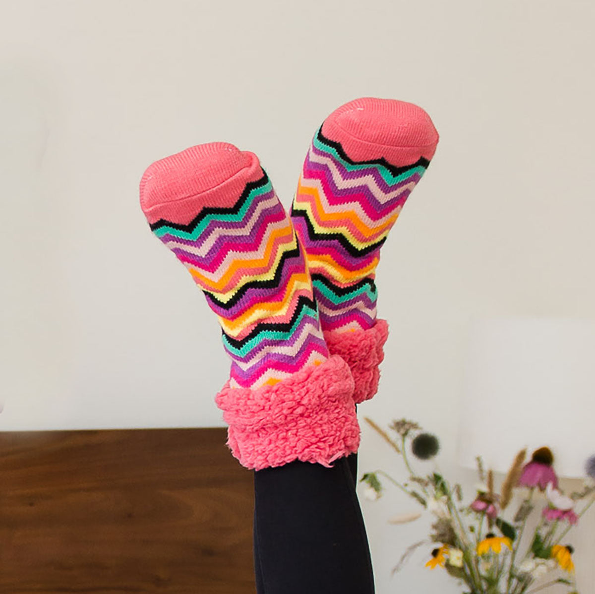 Classic Slipper Socks  Bright Coral Chevron – Pudus Lifestyle Co