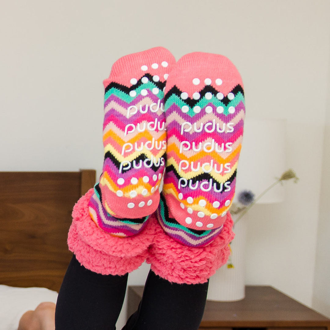 Classic Slipper Socks  Bright Coral Chevron – Pudus Lifestyle Co. Canada