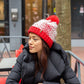 Red and White Woven Yarn Toque Hat with White Fleece Lining, Fluffy Pom Pom and Solid Red Trim