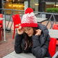 Red and White Woven Yarn Toque Hat with White Fleece Lining, Fluffy Pom Pom and Solid Red Trim