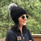 Pudus Women's Winter Beanie Hat in Black with Faux Fur Pom Pom - Cable Knit Chenille and Fleece Lined
