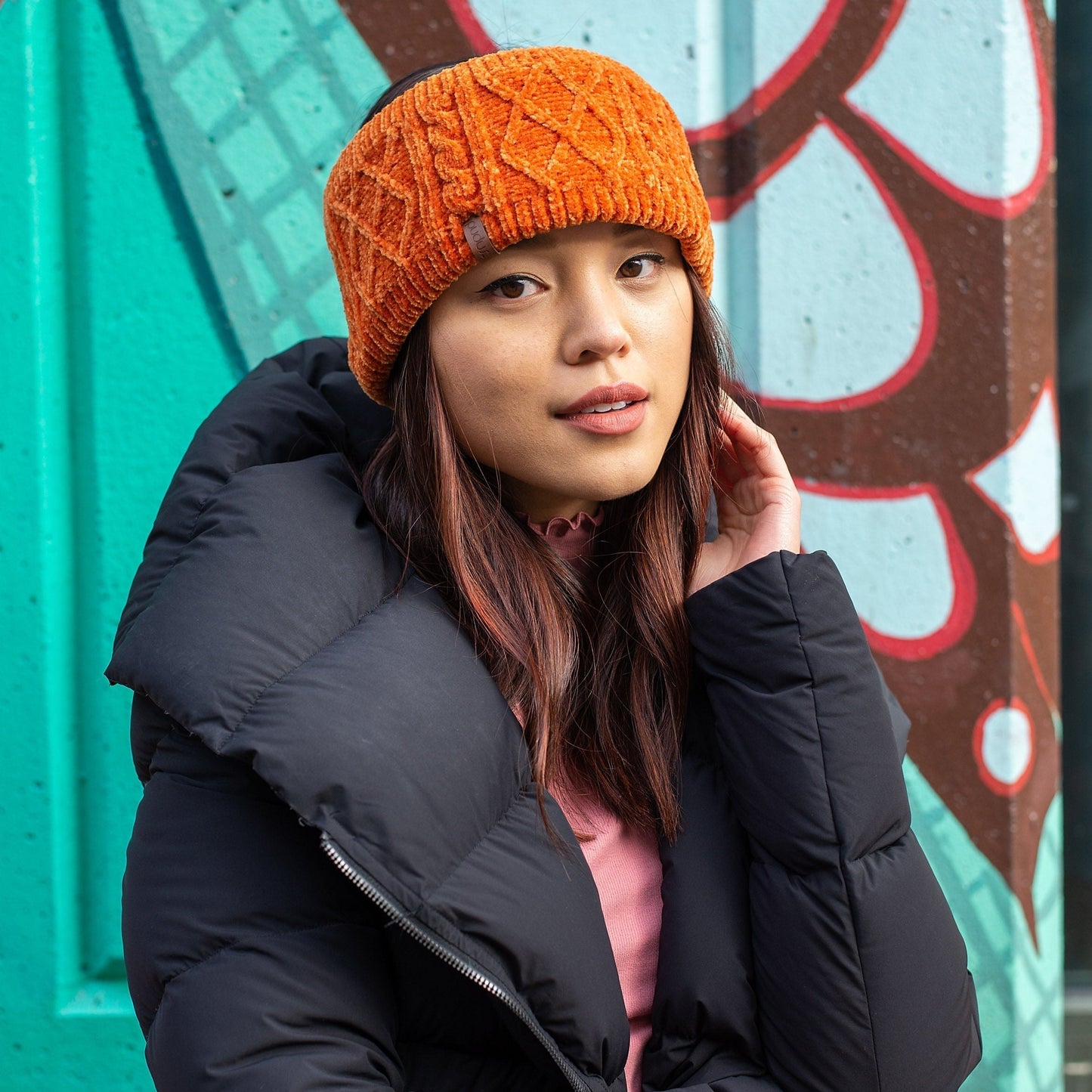 Peach Sand Chenille Cable Knit Headband for Women - Ear Warmer, Winter Headband with Warm Faux Fur Fleece