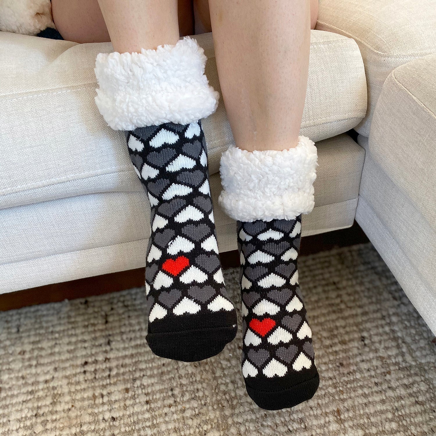 Pudus Cozy Winter Slipper Socks for Women and Men with Non-Slip Grippers and Faux Fur Sherpa Fleece - Adult Regular Fuzzy Socks Heart Black- Classic Slipper Sock
