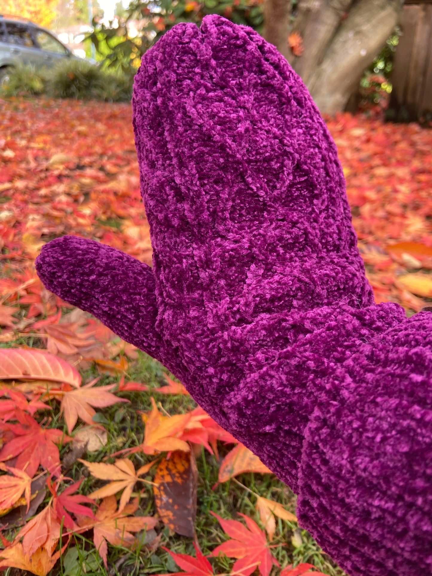 Winter Mittens in Dark Purple Chenille Cable Knit - Adult Warm Gloves