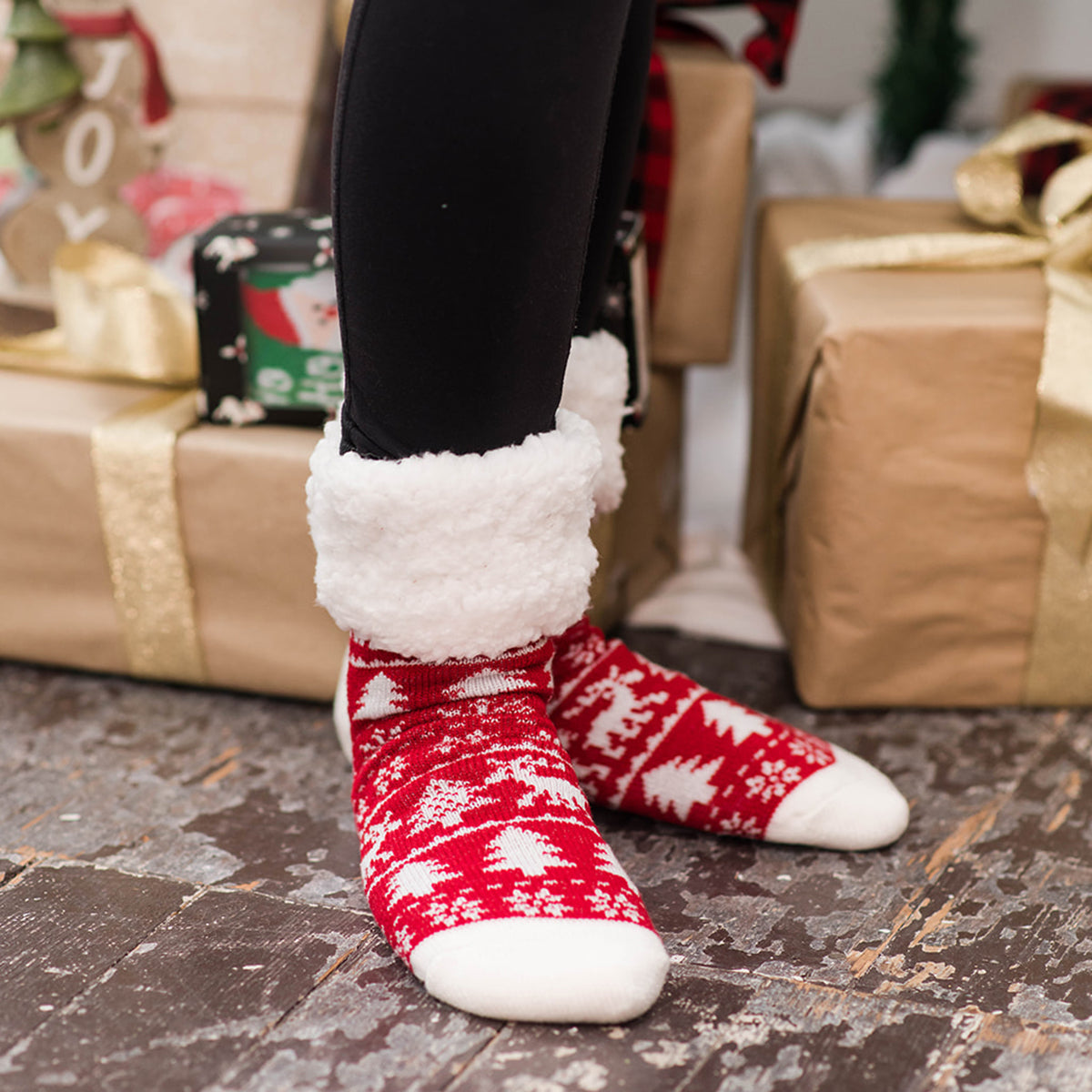 Cabin Christmas Red Recycled Slipper Socks Pudus Lifestyle Co