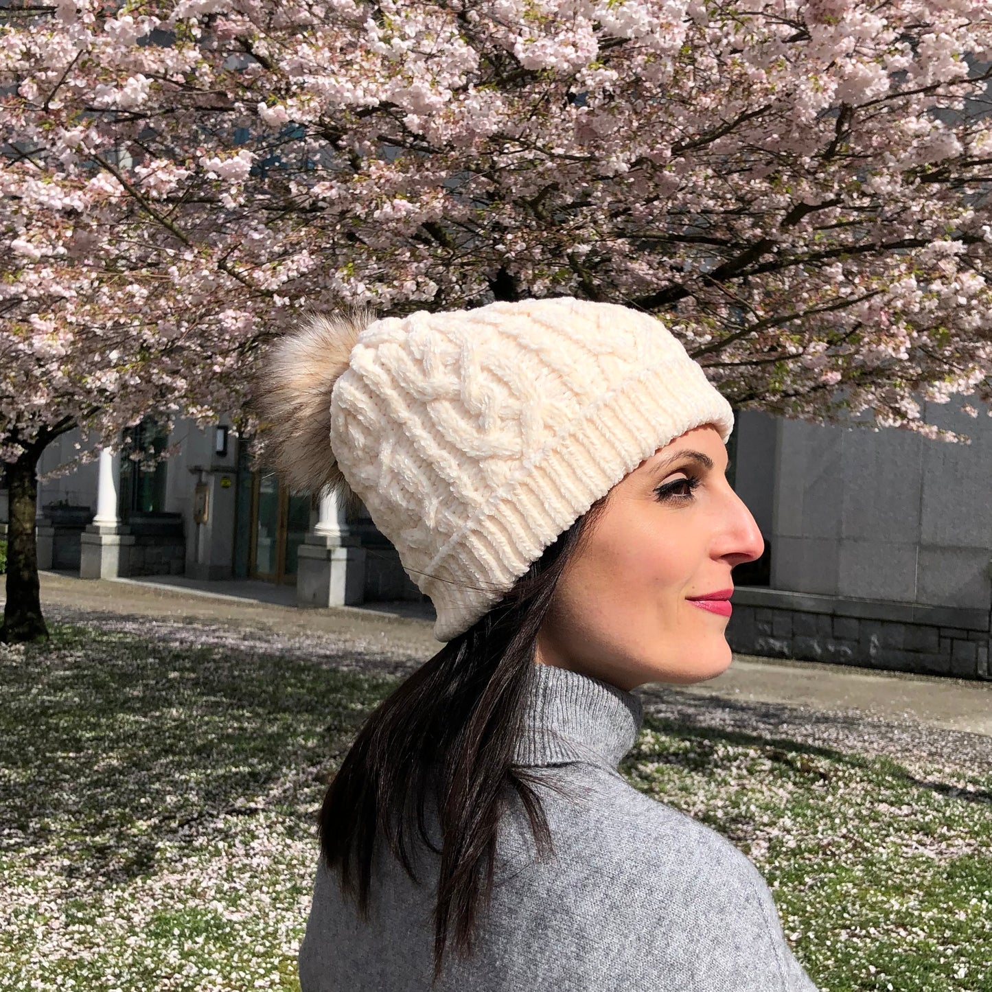 Pudus Women's Winter Beanie Hat in White with Faux Fur Pom Pom - Cable Knit Chenille and Fleece Lined