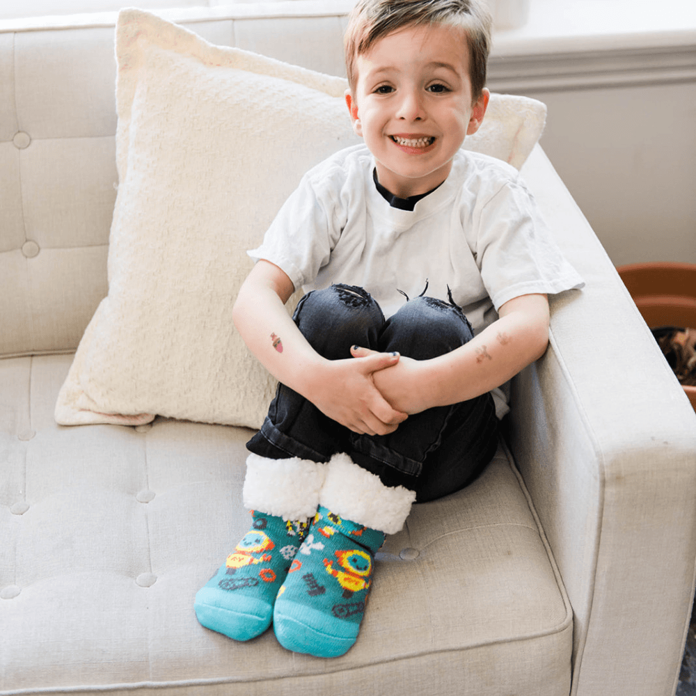 Robot Teal - Kids & Toddler Recycled Slipper Socks