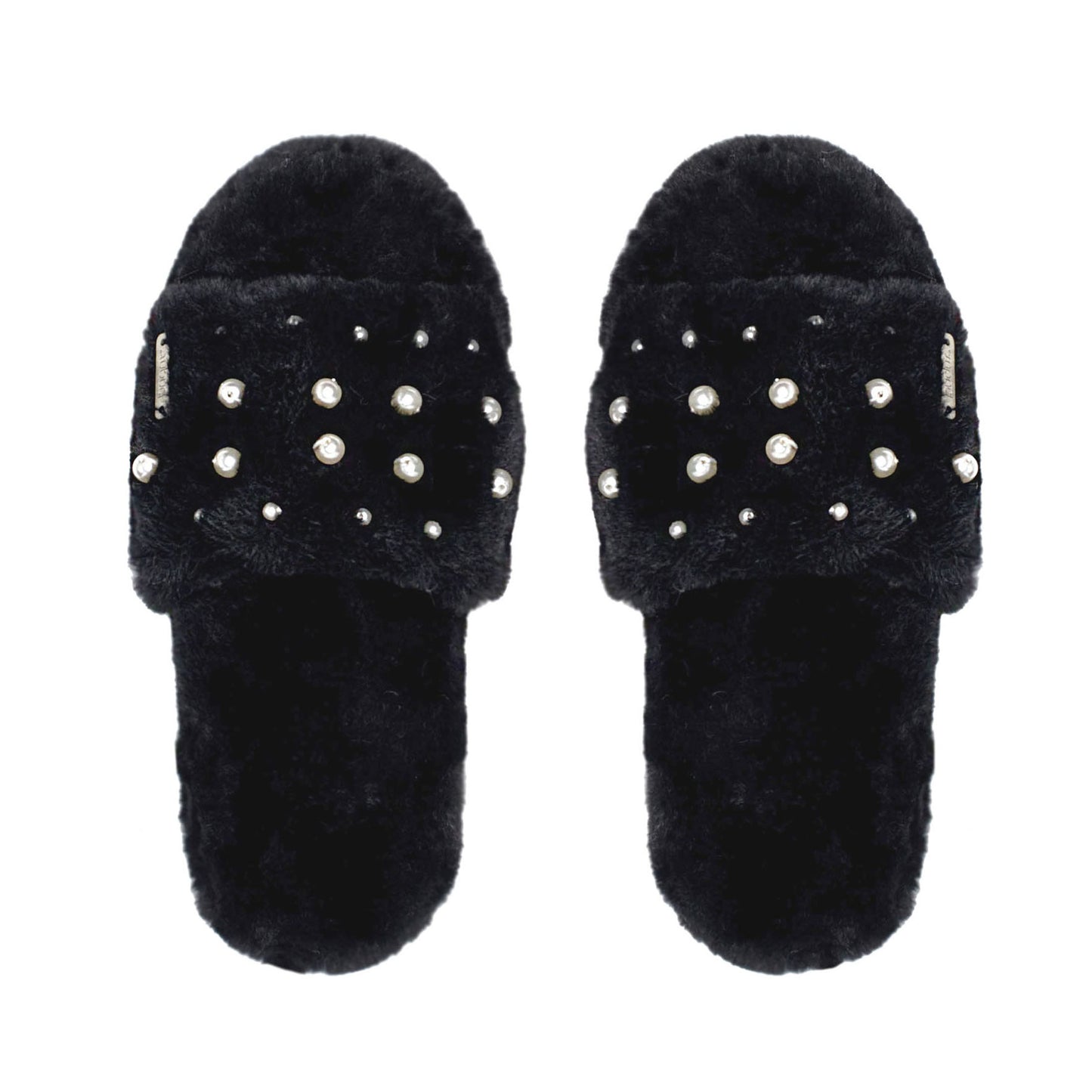 Faux Fur Pearl Slide Slippers | Black
