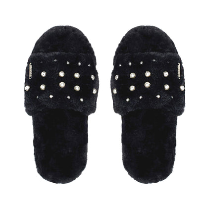 Faux Fur Pearl Slide Slippers | Black