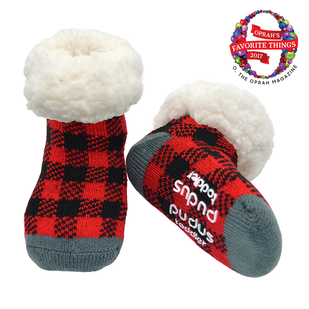Lumberjack Red Toddler Slipper Socks with Faux Fur Sherpa Fleece and Non-Slip Grippers -  Baby Boy and Girl Fuzzy Socks (Ages 1-3)