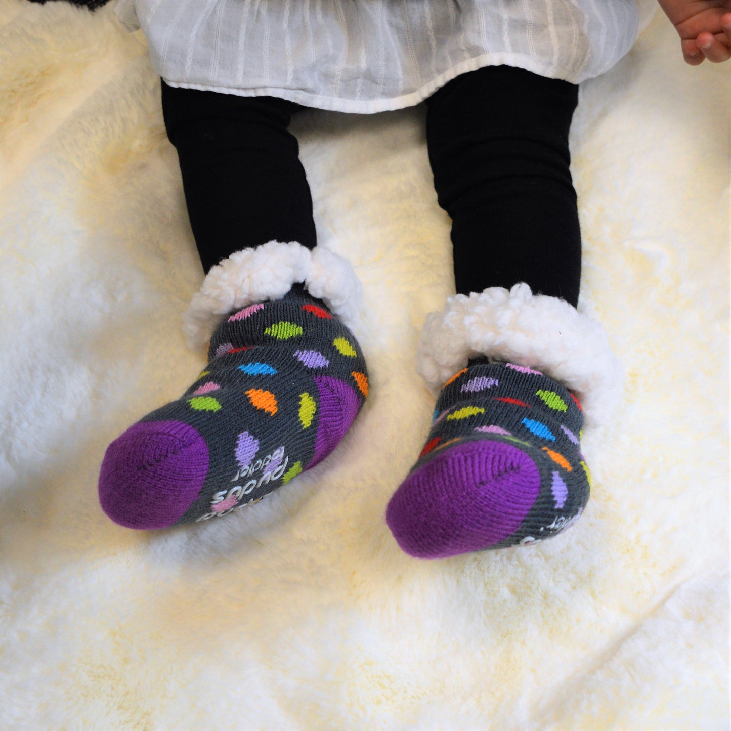 Pudus Cozy Winter Slipper Socks for Toddlers with Non-Slip Grippers and Faux Fur Sherpa Fleece - Baby Boy and Girl Fuzzy Socks (Ages 1-3) Polka Dot Multi - Toddler Slipper Socks