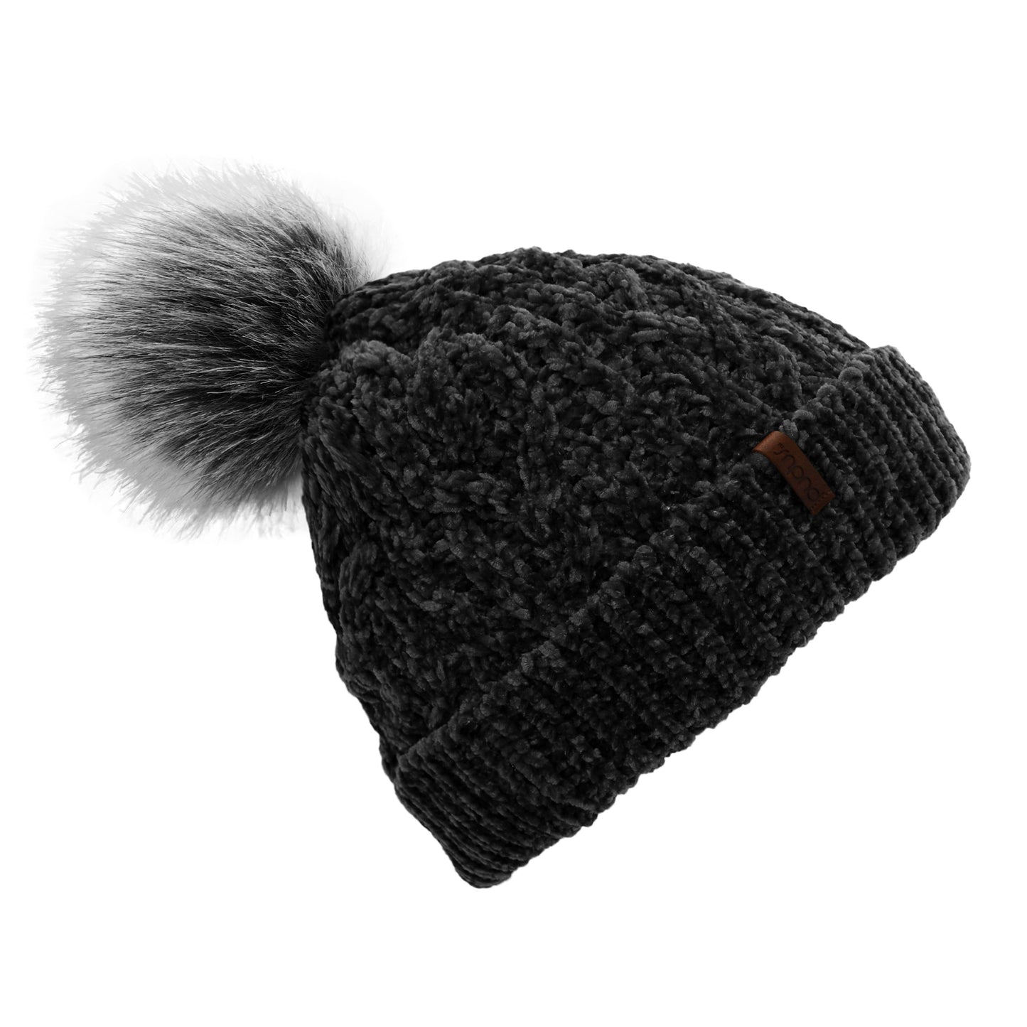 Pudus Women's Winter Beanie Hat in Black with Faux Fur Pom Pom - Cable Knit Chenille and Fleece Lined