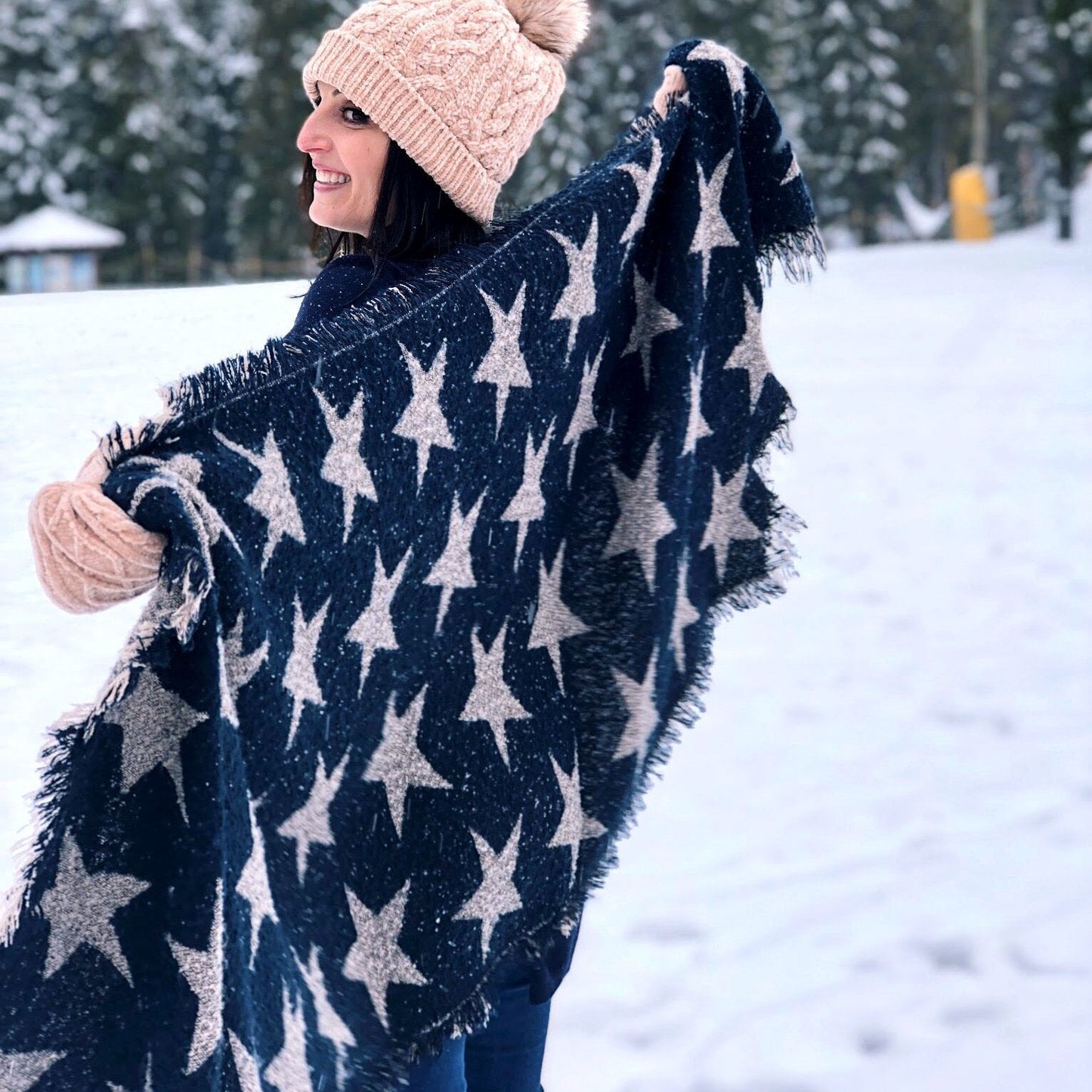 Pudus Women's Warm Blanket Scarf with Reversible Star Pattern, Oversized Shawls and Wraps for Winter and Fall Blanket Scarf Stars Navy